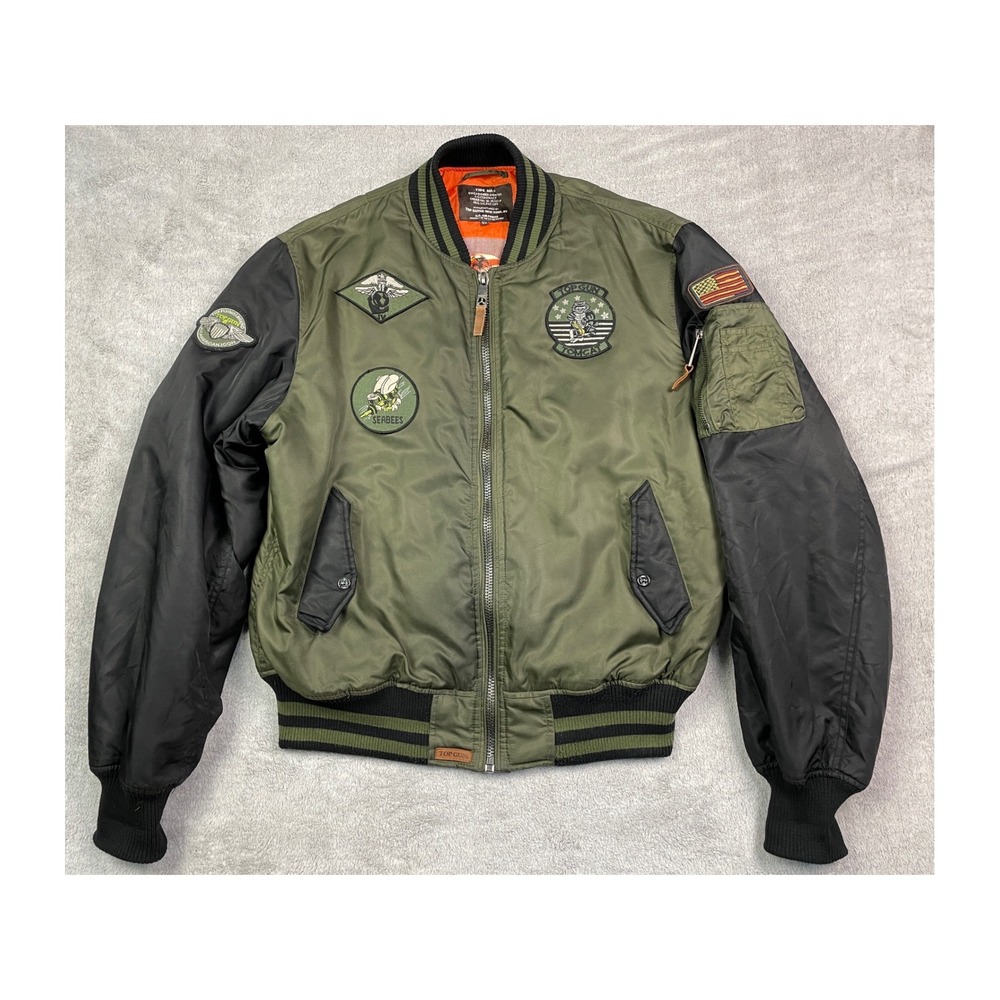 Top Gun MA-1 Bomber Jacket Mens 2X Green Black Good Patches Flight Jacket